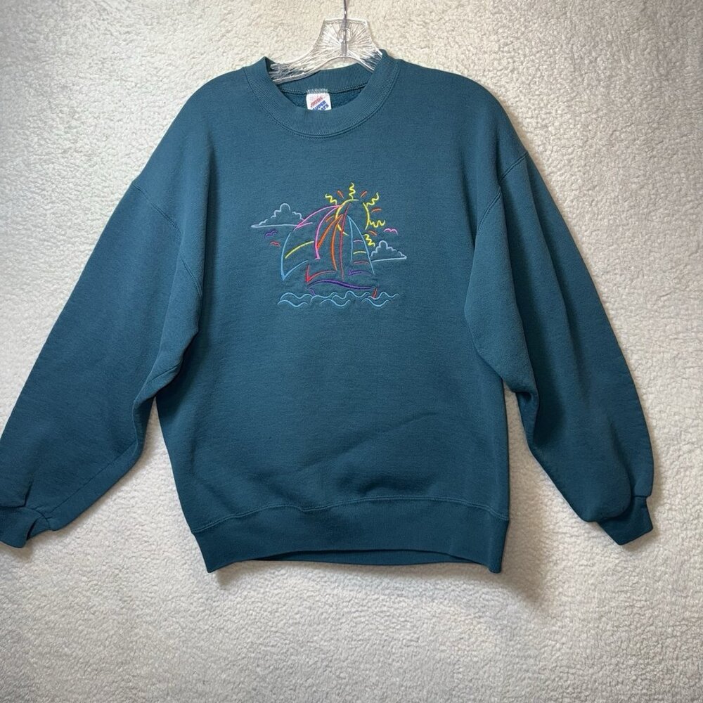 Vintage Jerzees Sweatshirt Large Green Crewneck USA Embroidered Sailboat 90s